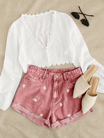 Breezaya Summer Casual Washed Denim Shorts With Daisy Embroidery