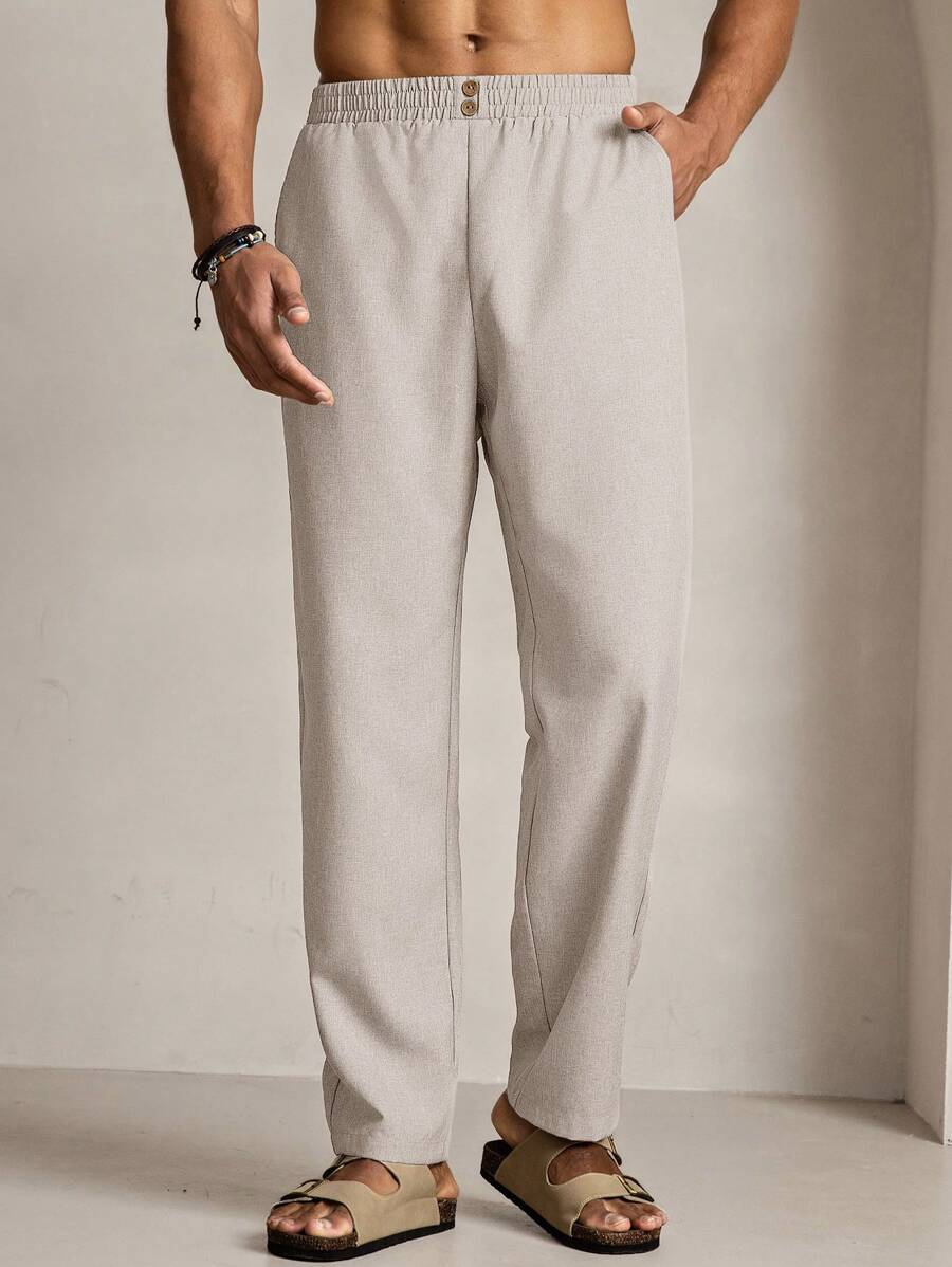 Manfinity VCAY 男士休闲梭织宽松纯色松紧腰直筒长裤 - 卡其色 - 查看 1