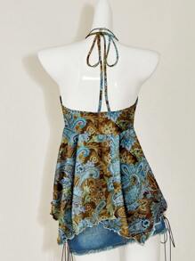 SHEIN ICON Boho Paisley Hippie Bohemian Retro Pattern Suitable For Music Festival, Bohemian Style, Vacation, Women's Simple Casual Plant Print Halter Neck Tank Top,Rave Top - Blue - View 2