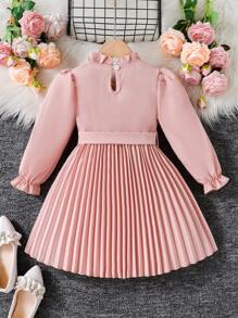 Elladie kids Young Girl Solid Color Puff Sleeve Pleated Hem Dress - Pink - View 2