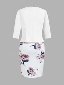 Ellevyn 2pcs Set: Women's Elegant Floral Print Bodycon Dress And Pink Knit Mid-Sleeve Cardigan, Suitable For Dates, Commute, And Daily Wear