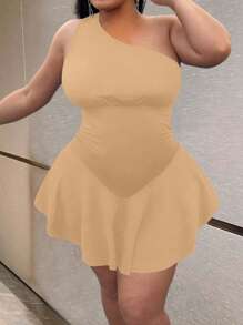 Maweii 大码女式纯色针织性感单肩二合一连体裤夏季 - 杏色 - 查看 3