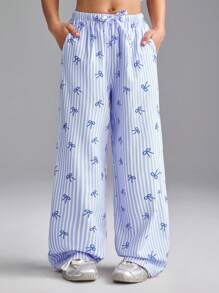 SHEIN Tween Girls Spring/Summer Comfortable Trousers, Bow Striped Print Versatile Long Pants - Blue - View 1