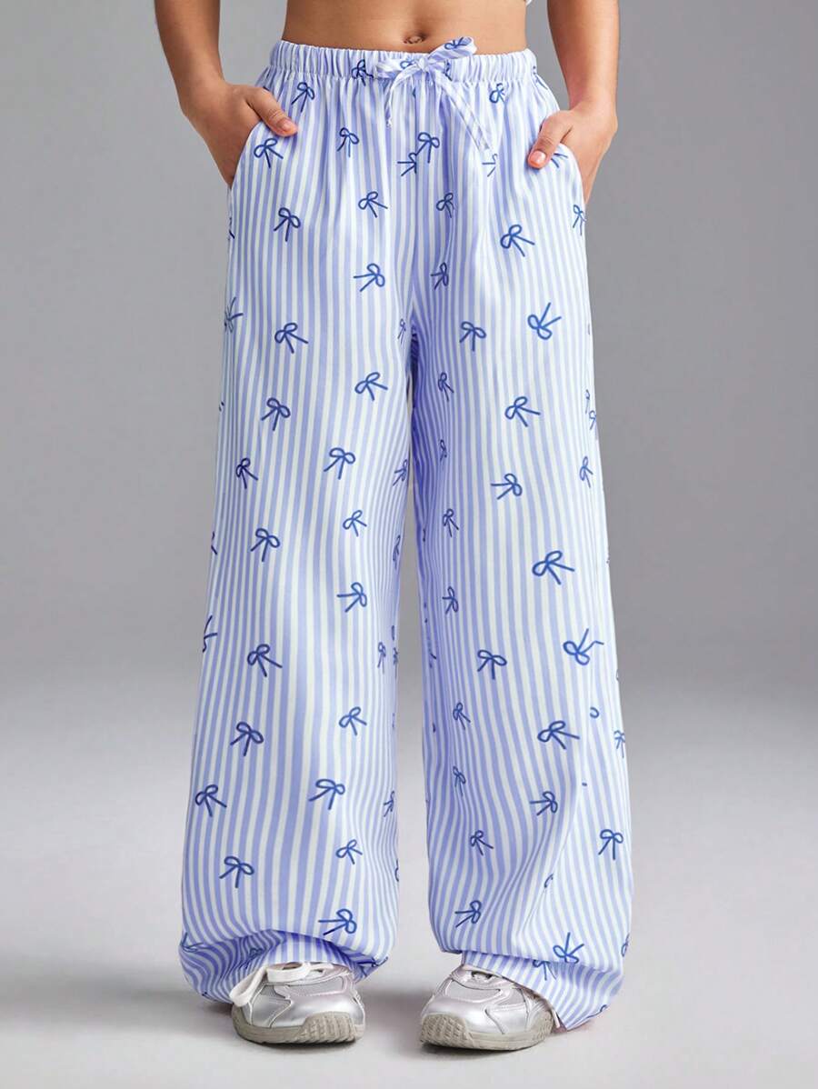 SHEIN Tween Girls Spring/Summer Comfortable Trousers, Bow Striped Print Versatile Long Pants - Blue - View 1