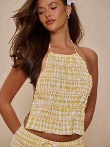 MUSERA Halterneck Shirred Gingham Fitted Top Only Spring Summer Vacation Cute Elegant Sweet Escape Yellow Classy Girly Holiday - Yellow - View 1