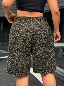 SHEIN ICON Plus Size Women Casual Leopard Print Denim Shorts - Multicolor - View 2