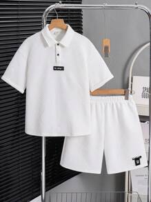 2pcs Tween Boy's Casual Preppy Comfortable Fashion Simple Practical Versatile Soft Textured Fabric Polo Shirt And Elastic Waist Shorts Set, Suitable For Spring & Summer, Daily Casual, Outdoor Play, School, Street, Party And Home - White - View 1