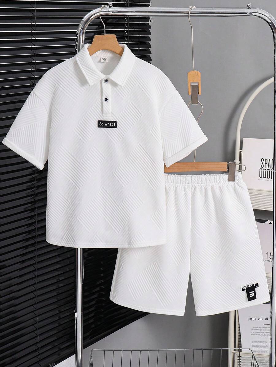 2pcs Tween Boy's Casual Preppy Comfortable Fashion Simple Practical Versatile Soft Textured Fabric Polo Shirt And Elastic Waist Shorts Set, Suitable For Spring & Summer, Daily Casual, Outdoor Play, School, Street, Party And Home - White - View 1
