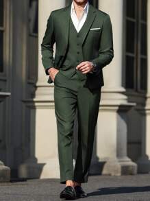 Manfinity Mode 男士纯色单排扣背心、长袖夹克和裤子商务西装套装男士婚礼西装男士正装男士正装，老钱风格