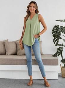 EMERY ROSE Áo sơ mi nữ không tay cổ chữ V thiết kế nút màu trơn đơn giản - màu xanh lá - Xem 6