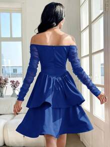 Modelyn Women's Solid Color Off Shoulder Long Sleeve Ruffle Hem Midi Dress