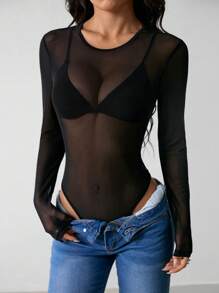 SHEIN PETITE See Through Mesh Bodysuit Without Lingerie - Black - View 4