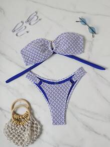 Swim Mod Bộ bikini thông thường hở lưng ren kim loại thanh lịch 2 món cho nữ mùa hè có dây đeo có thể điều chỉnh - Xanh và trắng - Xem 4