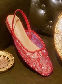 CUCCOO TILAWA Women's Fashionable Flat Shoes With Sequin Decor, Summer - Red - View 1