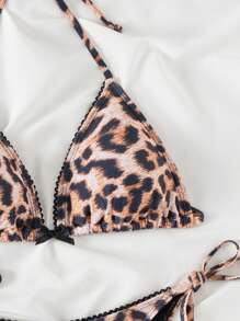 SHEIN Swim Conjunto de traje de baño de 4 piezas con estampado de leopardo y triángulo para vacaciones de verano, con bikini de nailon negro en estilo minimalista para dama - Multicolor - Ver 3