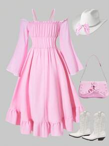 SHEIN Explorewe Tween Girl 褶饰高低优雅长袖连衣裙 - 粉色 - 查看 2