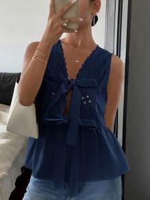 SHEIN Frenchy Top sin mangas con diseño de volantes bordados y calados de unicolor, adecuado para el verano - Azul Marino - Ver 4