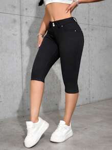 SHEIN EZwear 女式休闲百搭纯色紧身牛仔裤 - 黑色 - 查看 6
