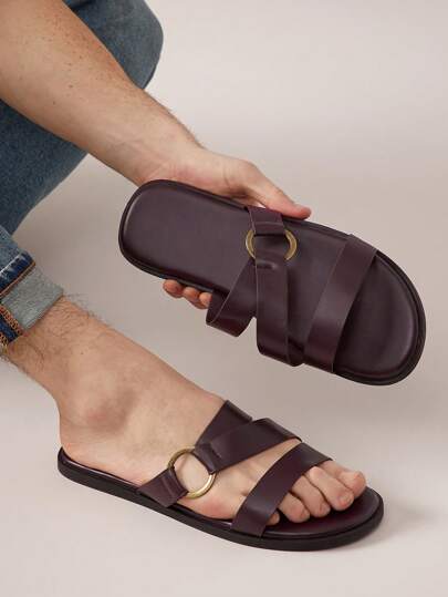 SHUZIA Quiet Luxury Men's Ring Buckle Strap Comfort PU Coffee Slide Sandals – Cushioned & Non-Slip Secure For All-Day Wear Mother's Day Present For Christmas Valentine's Day