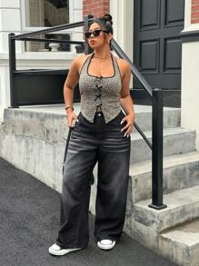 SHEIN ICON Plus Size Women's Casual Embroidered Wide Leg Pants, All Season - Black - View 6