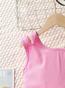 SHEIN 2pcs Young Girl Set: Solid Color Asymmetric Neck Vest And Floral Print Pants, School, Campus, College