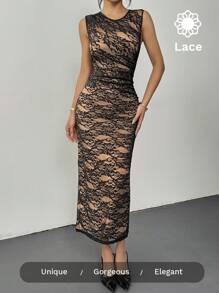 SHEIN Essnce Robe d'été décontractée pour le bureau - Robe midi moulante à bordure en dentelle et doublure modeste pour femmes. Tenues de travail casual chic 2025, élégance de resort inspirée du Y2K et détails boho chic