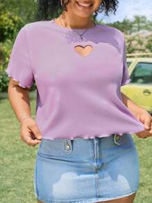 SHEIN EZwear Plus Heart Cut Out Lettuce Trim Tee - Lilac Purple - View 2