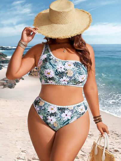 Swim Lushoire Plus Size Women Floral Print Halter Bikini Set, Casual Holiday Wear For Summer Beach Vacation
