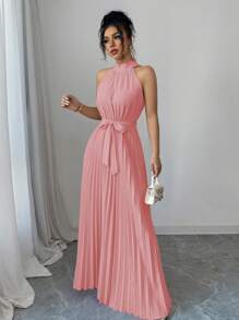 Lyxana Valentine's Day Women Elegant Ruffled Collar A-Line Waist Cinched Romantic Dress - Coral Pink - View 5