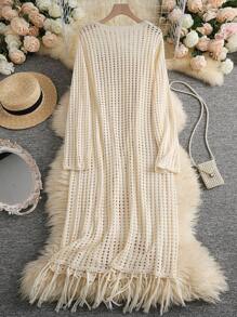 Breezaya Women's Casual Retro Hollow Tassel Knit Cardigan - Khaki - View 2