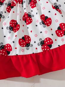 Baby Girls Casual Daily Bee Print Flutter Sleeve Dress, Suitable For Outings Or Comfortable Versatile Wear - Red - View 6