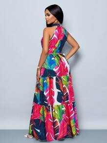 SOLERSUN Rochie de damă la modă cu imprimeu floral, maxi fluidă, cu curea, pentru vacanță - Roz fierbinte - Vizualizare 2