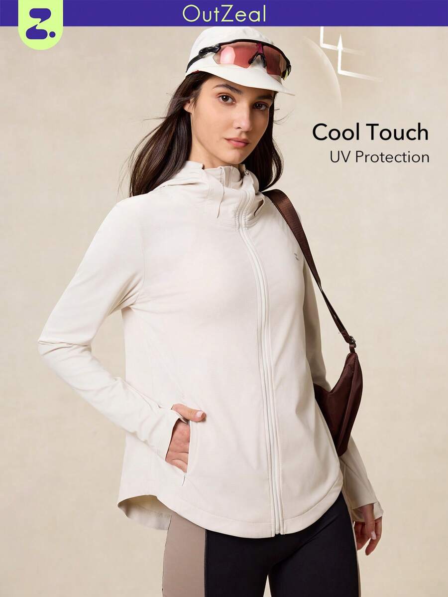 OutZeal SunProof UPF50+ 女款凉爽防晒连帽夹克，带可拆卸帽檐 - 白色 - 查看 1