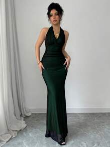 Rafferiza Váy lưới xếp ly cổ chữ V xòe đuôi cá thanh lịch có lớp lót màu hồng cánh sen dành cho nữ, mùa thu/đông - Nhiều màu - Xem 4