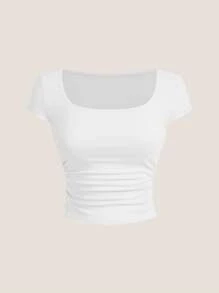 SHEIN BAE 3 件套女士休闲 U 领收褶弹力短袖 T 恤，适合夏季 - 彩色 - 查看 6