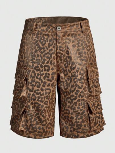 Street Life Men's Leopard Pattern Multi-Pocket Casual PU Shorts