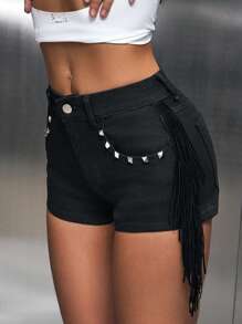 SHEIN ICON Fashion Side Split Tassel Rivet Denim Shorts, Summer - Black - View 5