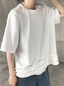 FRIFUL Maglietta casual da donna a maniche corte, girocollo, con patchwork e volant in fondo, in colore tinta unita, graziosa