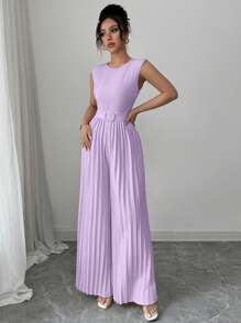 Elenzga Mono de mujer con piernas anchas, hombros acolchados y cinturón de cintura de unicolor. Elegante y casual para uso diario y vacacional, sin mangas - Morado - Ver 5