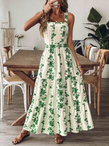 Breezaya 女士蓝白印花腰部度假/休闲/通勤系带中长连衣裙 - 綠色 - 查看 3