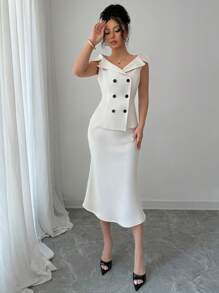 Elenzga Elegant Luxury Quality Double-Breasted Vest & Skirt Women's Suit Set - Beige - View 6