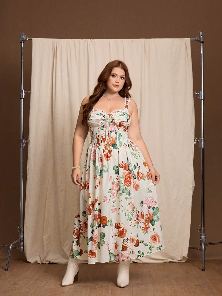 SHEIN MOD 大码复古宫廷风印花长裙，优雅女士夏装 - 彩色 - 查看 1