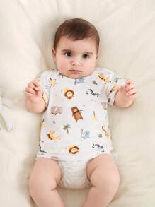SHEIN 2pcs/Set Infant Baby/Newborn Unisex Ribbed Crew Neck White T-Shirt TOP, Cartoon Lion & Giraffe Animal Print, Cute Casual Versatile Comfortable, 0-3 Months,Spring/Summer New Arrival, Suitable For Outings, Vacation, And Birthday Party Baby Unisex Clothes - White - View 11
