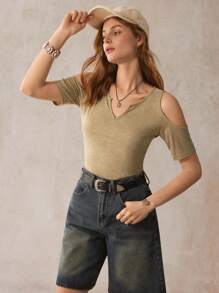 SHEIN LUNE Cold Shoulder Notched Neck Tee - Khaki - View 2