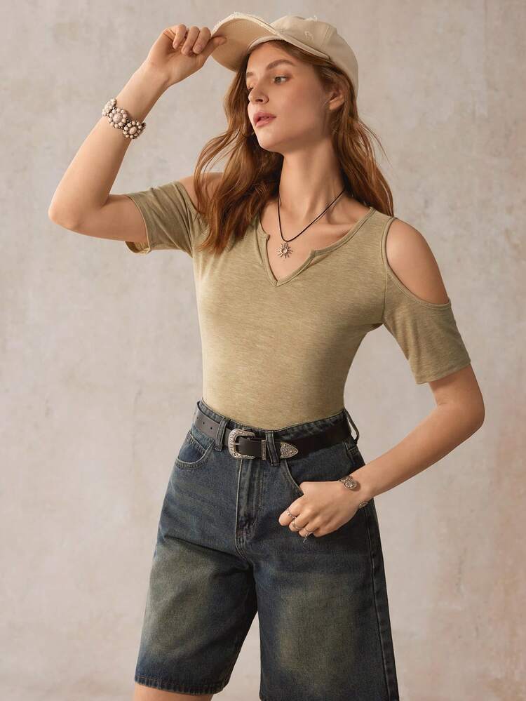 Cold Shoulder Notched Neck Tee