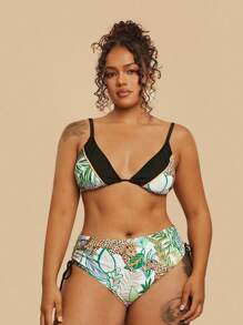 Travachic Plus Size Women Tropical Print Drawstring Bikini Bottom Swimwear