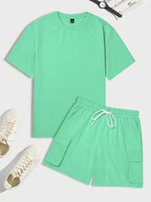 Manfinity Homme Men's Solid Color Crew Neck Short Sleeve Casual T-Shirt And Drawstring Waist Shorts Set - Green - View 2