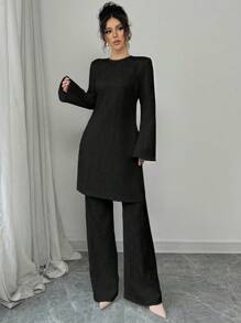 Elenzga 女士优雅通勤魅力女士喇叭长袖圆领收腰侧开叉长上衣和直腿纹理提花设计两件套（随机提花）