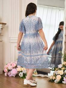 Tween Girl Elegant & Glamorous Leaf Lace Princess Dress, Suitable For Wedding Season - Baby Blue - View 2
