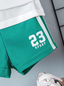 SHEIN طقم قميص بولو وشورت للأطفال الرضع والصغار 2 قطعة، بتصميم رياضي كاجوال مع طباعة أرقام وكتابات إنجليزية، للربيع والصيف - أخضر - مشاهدة 4